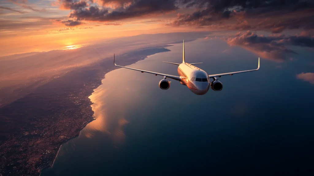 Flygplan över Medelhavet på väg mot Sicilien under solnedgång.