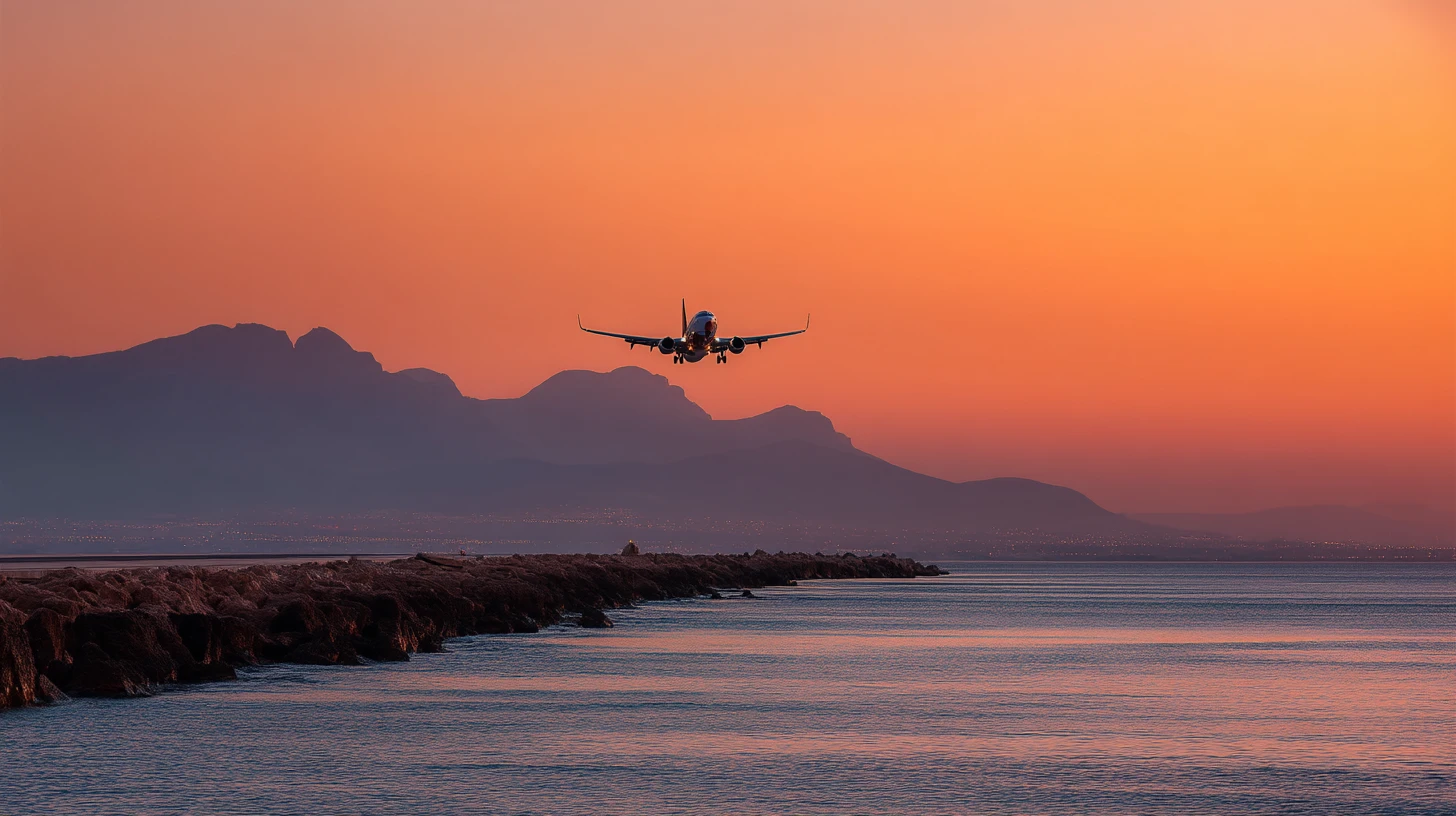 Flygplan lyfter från Palermo flygplats i solnedgång över Medelhavet.