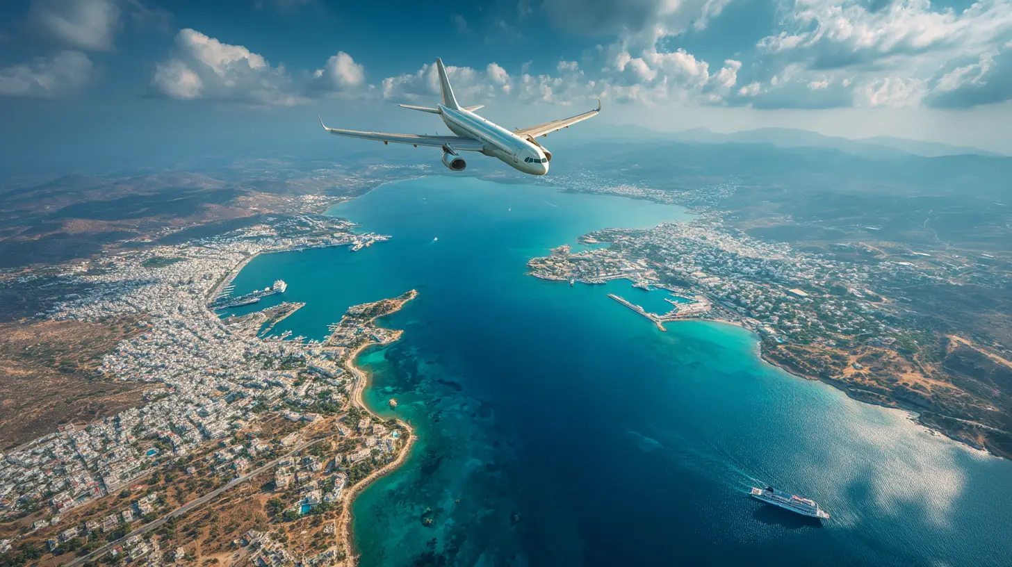 Flygplan över grekisk kust med hamn och färja nedanför – symbol för transport och resa inom Grekland.