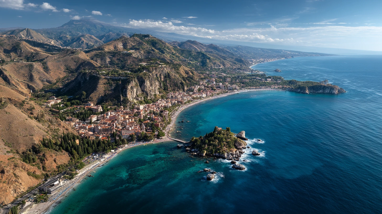 Flygvy över Taormina på Sicilien med hav och grönska.