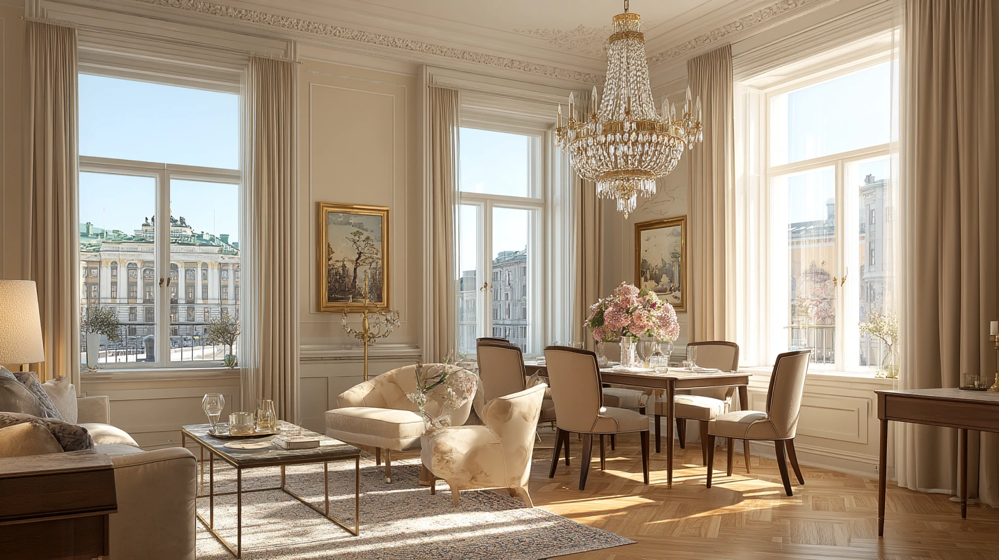 Elegant svit på Grand Hôtel med utsikt mot slottet i Stockholm.
