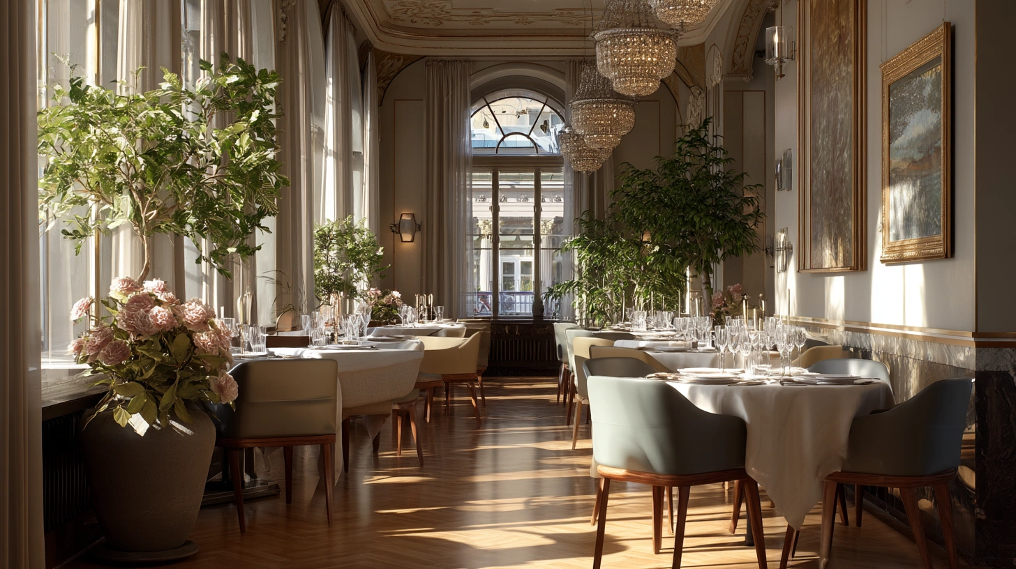 Elegant restaurangmiljö på Grand Hôtel med dukade bord och varm belysning.