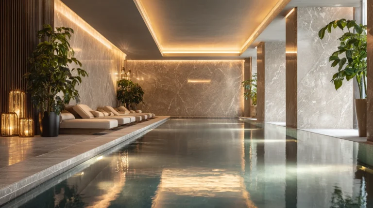 Avkopplande spaavdelning på Grand Hôtel med pool och nordisk design.