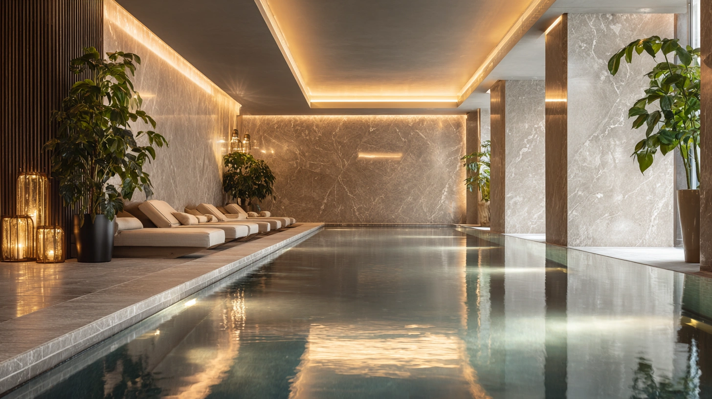 Avkopplande spaavdelning på Grand Hôtel med pool och nordisk design.