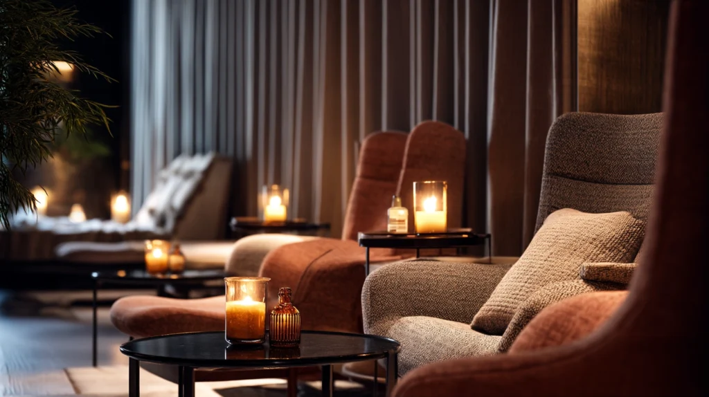 Relaxrum på Grand Hôtel Spa med varma toner och mjuk belysning.