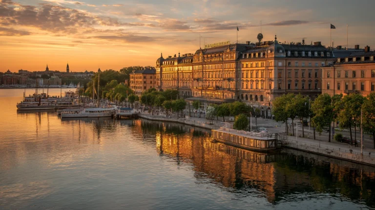 Grand Hôtel Stockholm sett från vattnet med resenärer från Arlanda