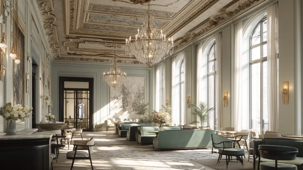 Elegant interiör med kristallkrona och klassisk inredning på Grand Hôtel i Stockholm