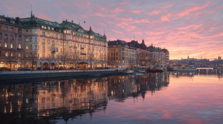 Utsikt över Grand Hôtel Stockholm i solnedgång – kändisar som bott på hotellet.