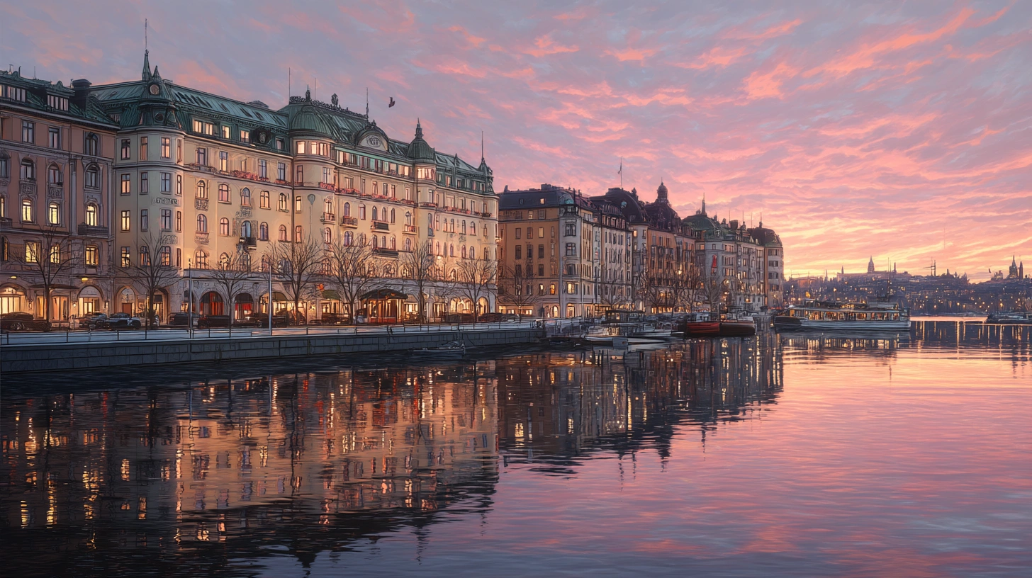 Utsikt över Grand Hôtel Stockholm i solnedgång – kändisar som bott på hotellet.