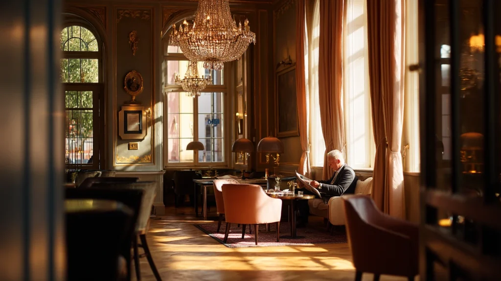 Avkopplande stund i Grand Hôtels klassiska lobby med kaffe och morgonljus