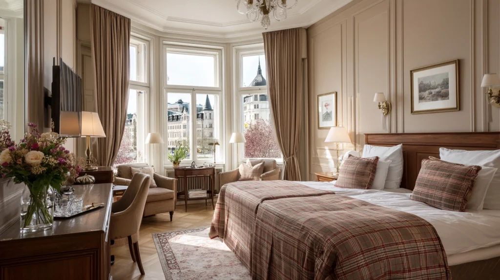 Elegant hotellrum på Grand Hôtel Stockholm med utsikt mot vattnet.
