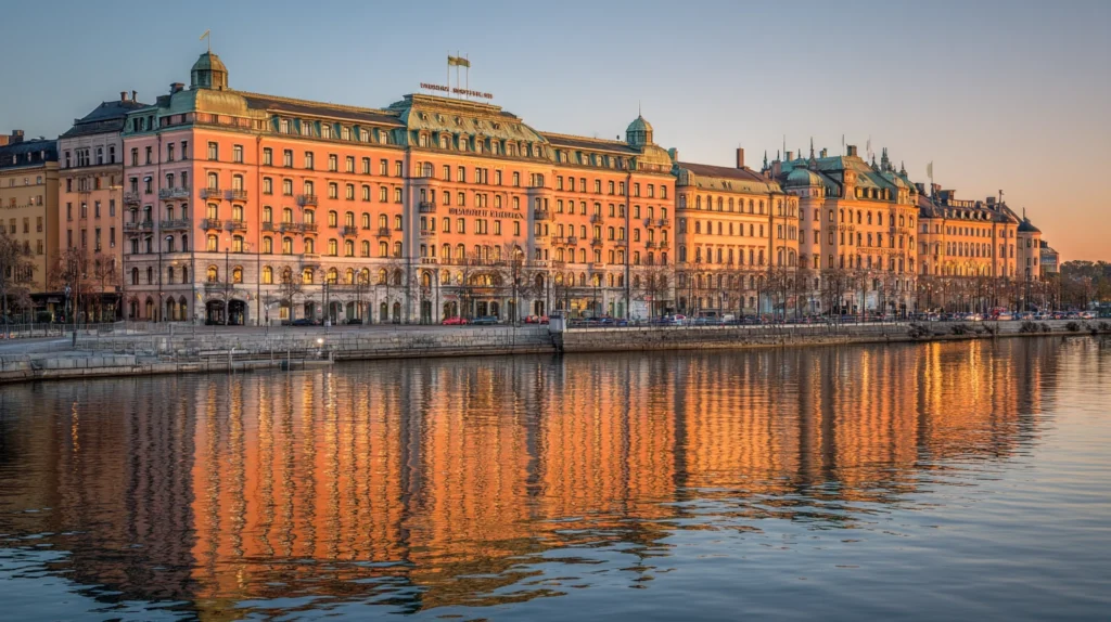 Hur skiljer sig Grand Hôtel Stockholm från andra femstjärniga hotell – kvällsvy över hotellet vid solnedgång.
