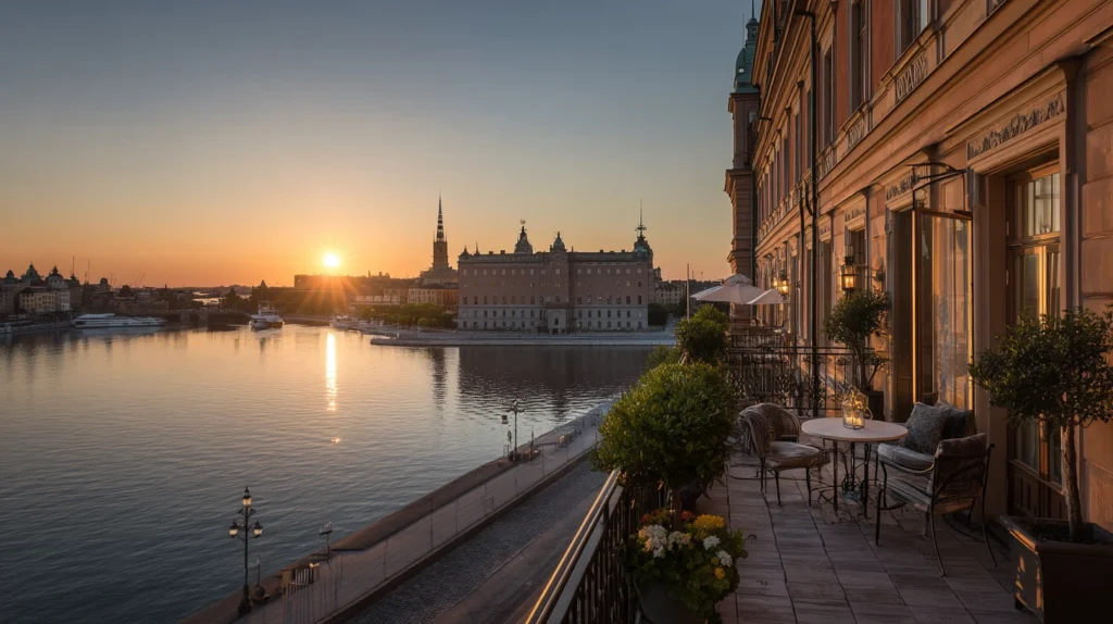 Utsikt från Grand Hôtel över slottet i kvällssol