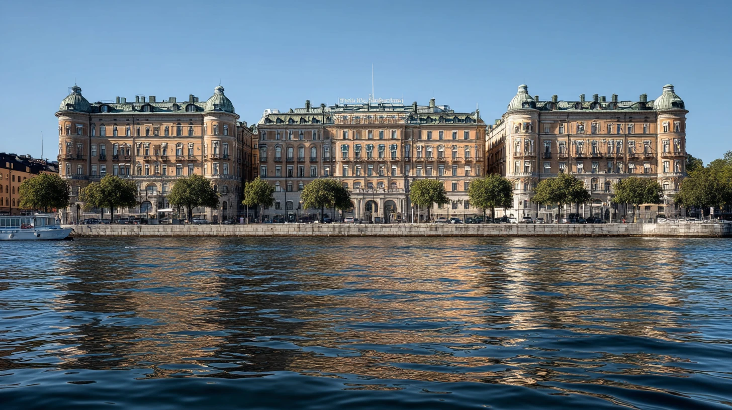 Är Grand Hôtel värt priset för en weekendresa – vy från båt framför hotellet i solsken
