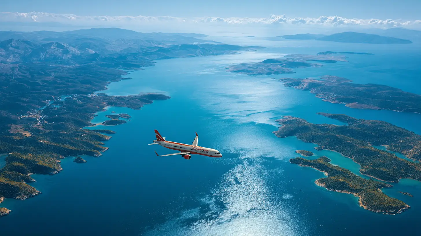Färja och flygplan över grekiska öar – symbol för resor mellan öarna i Grekland.