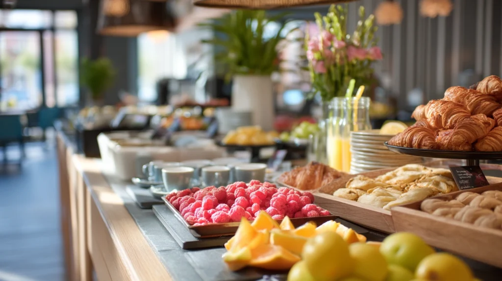 Frukostbuffé på hotell i Stockholm med kaffe, croissanter och färsk frukt.