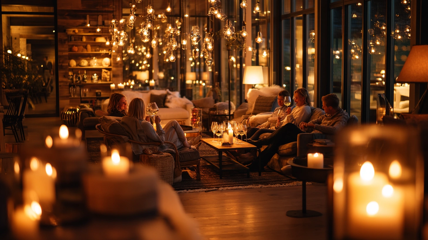 Gäster njuter av vin i hotellets lounge i Stockholm på kvällen.