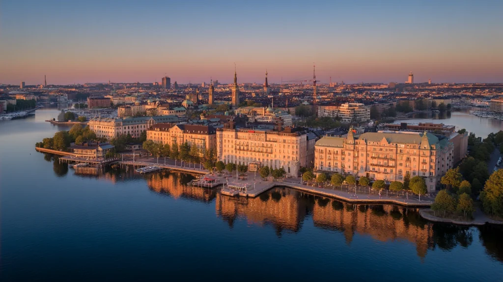 Flygvy över Stockholm med Hotell Stockholm Best Western i solnedgångens ljus.