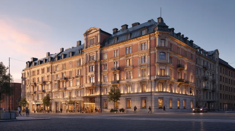 Exteriör av Hotell Stockholm Best Western i centrala Stockholm en solig kväll.