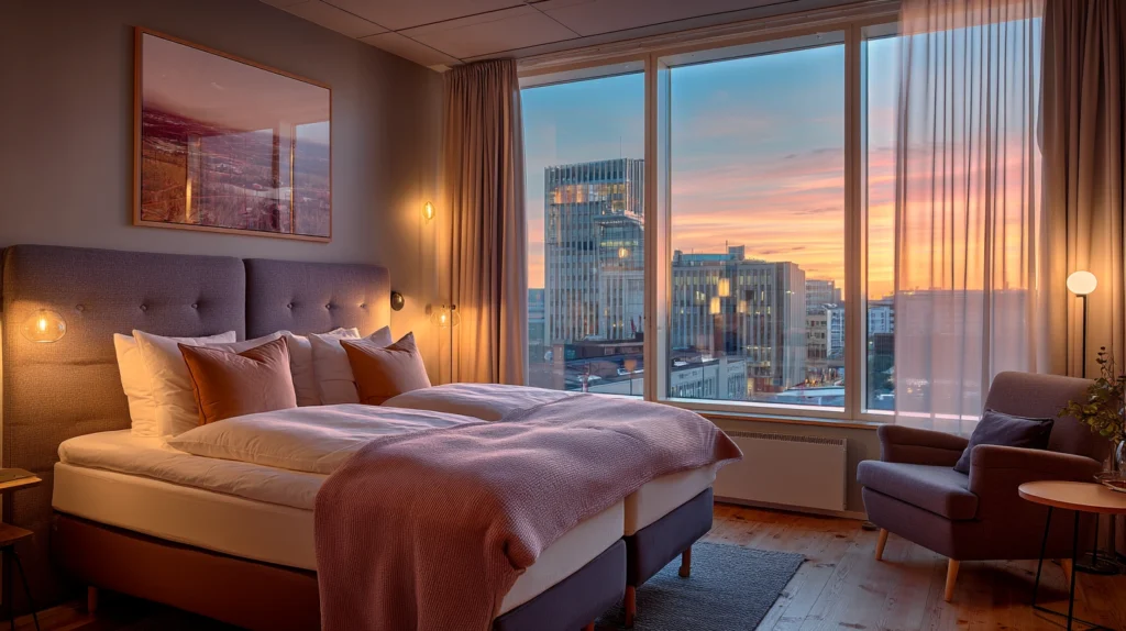 Modernt hotellrum på Hotell Stockholm Best Western med ljus inredning och utsikt över Stockholm.