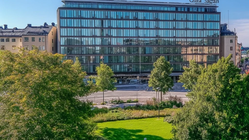 Flygfoto över Hotell Stockholm Clarion Sign och centrala Stockholm.