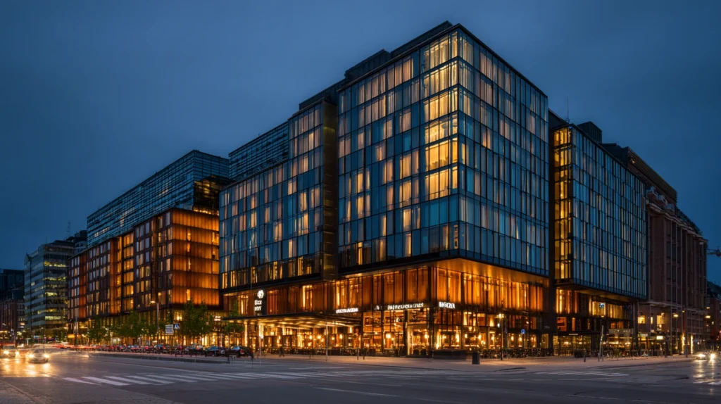 Hotell Stockholm Clarion Sign på kvällen med upplyst fasad.