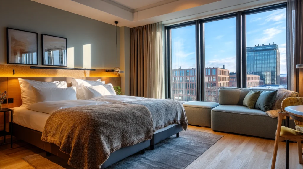 Modernt hotellrum på Hotell Stockholm Clarion Sign med utsikt över staden.