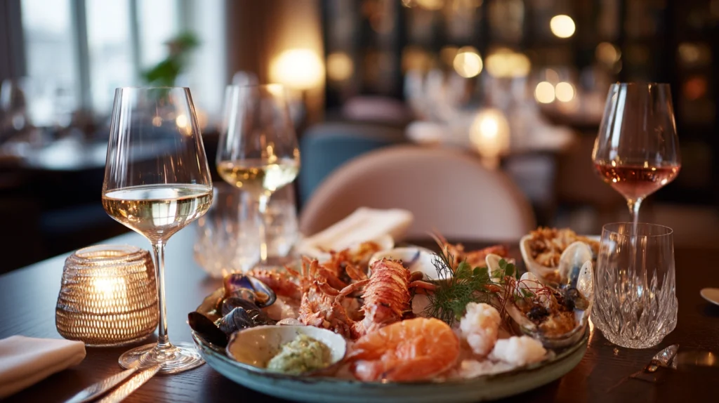 Elegant middag med skaldjur på hotell i Stockholm