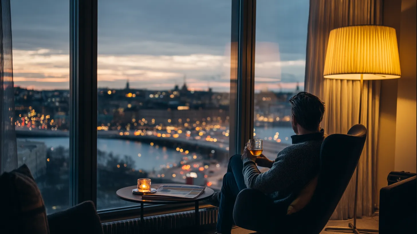 Gäst som ser ut över Stockholms ljus från hotellrum på kvällen
