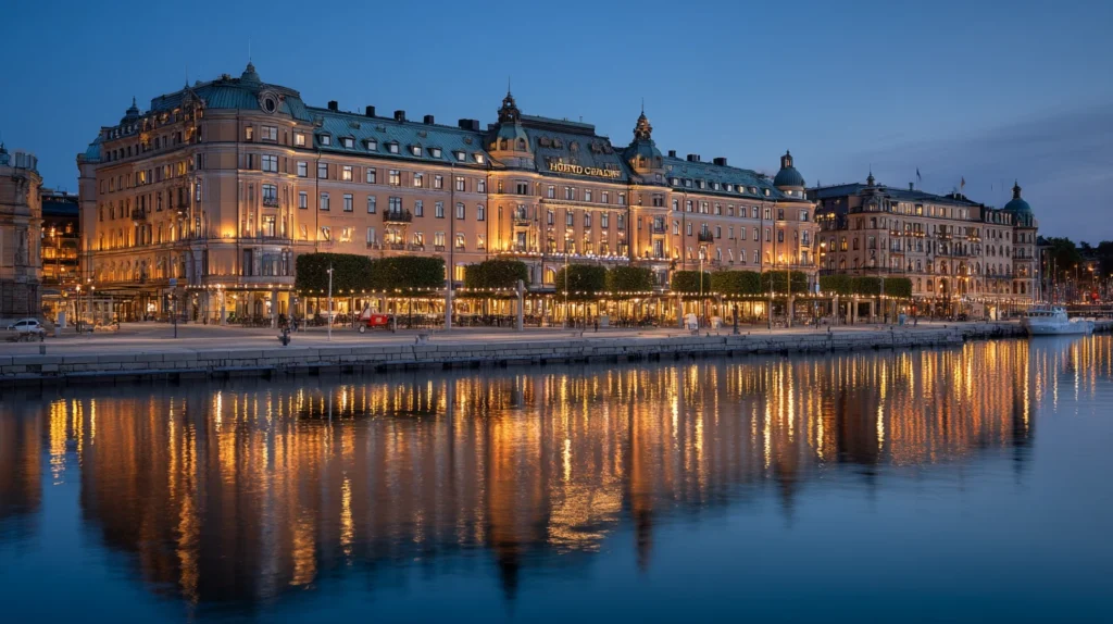 Hur uppstod Grand Hôtel – kvällsbild med ljus över vattnet och klassisk fasad