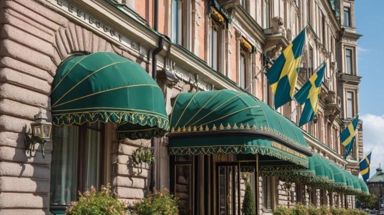Hur uppstod Grand Hôtel – närbild av entrén med gröna baldakiner och svensk flagga