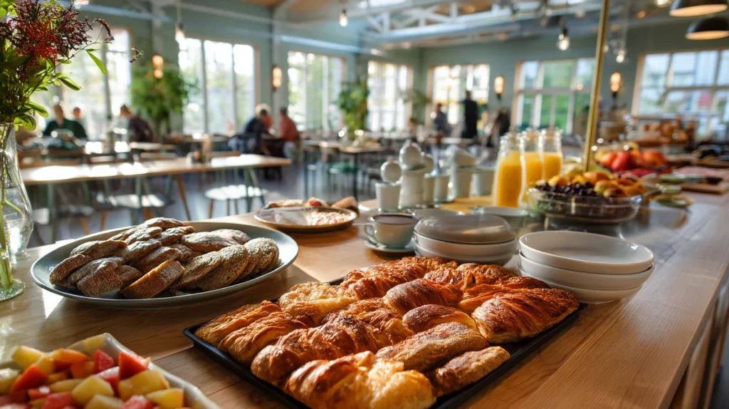 Frukostbuffé med färska råvaror i ljus matsal på hotell i Stockholm.