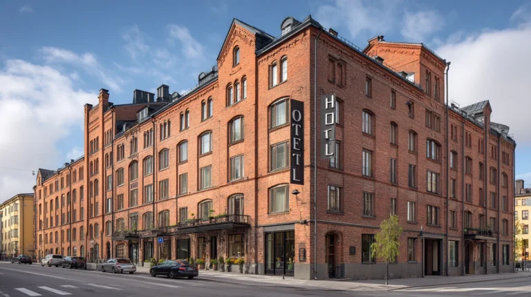 Röd tegelbyggnad med stora fönster och hotellskylt på gaveln vid en gata i centrala Stockholm.