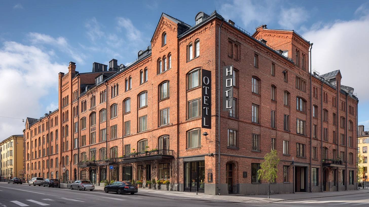 Röd tegelbyggnad med stora fönster och hotellskylt på gaveln vid en gata i centrala Stockholm.