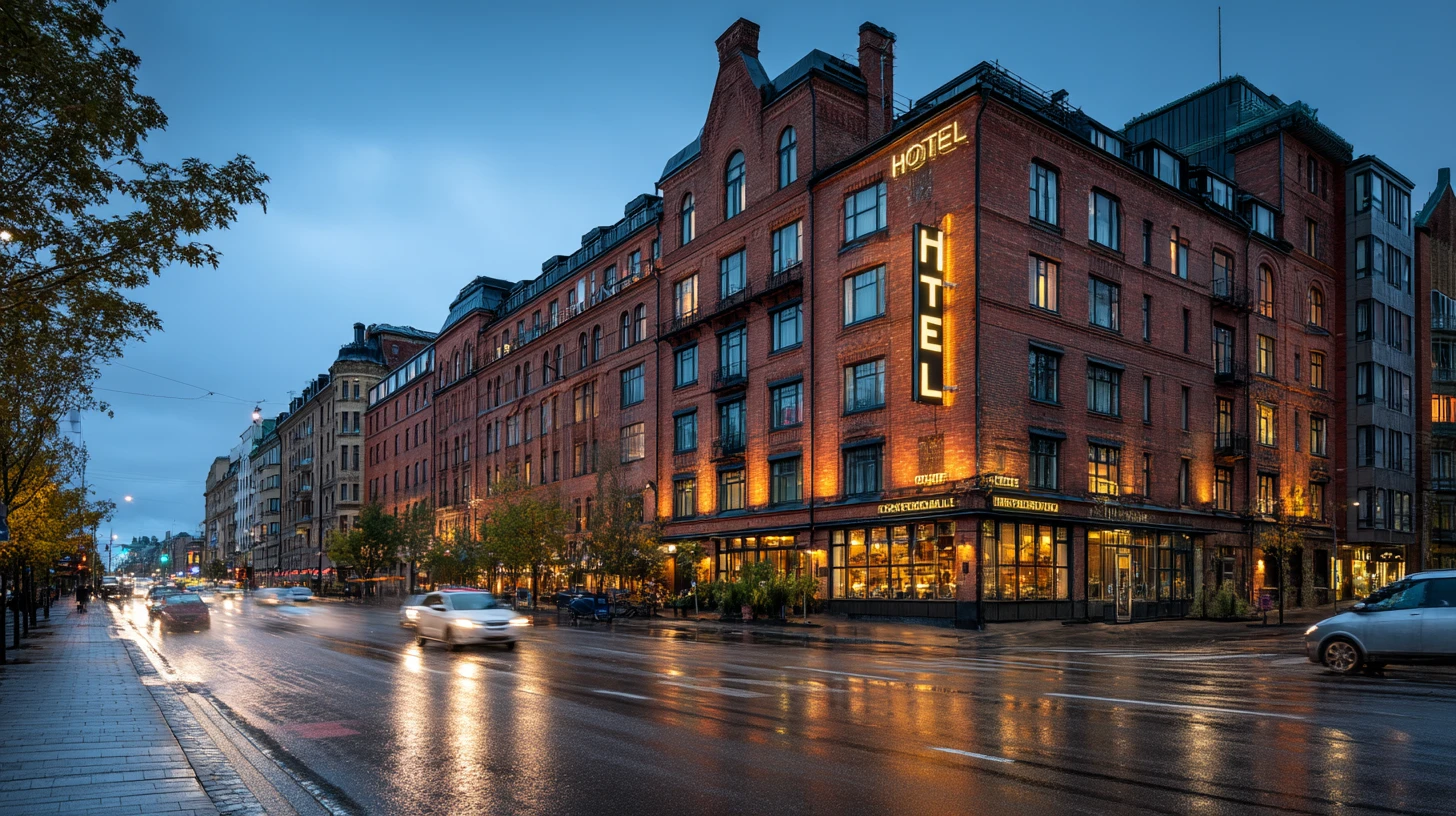 Kvällsbild av röd tegelbyggnad med lysande fönster och hotellskylt i centrala Stockholm.