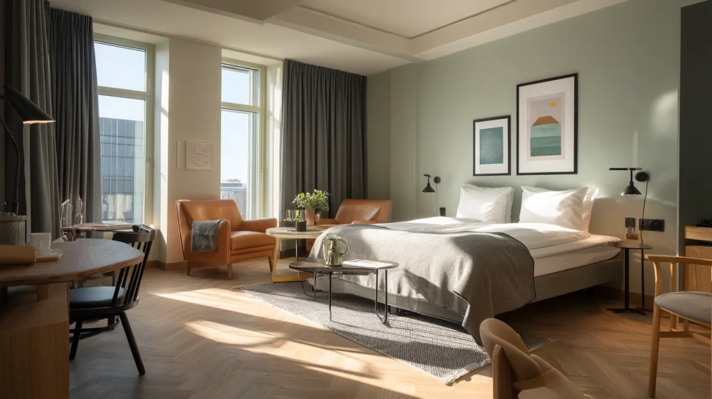 Modernt hotellrum med skandinavisk design på Mornington Hotell Stockholm City.