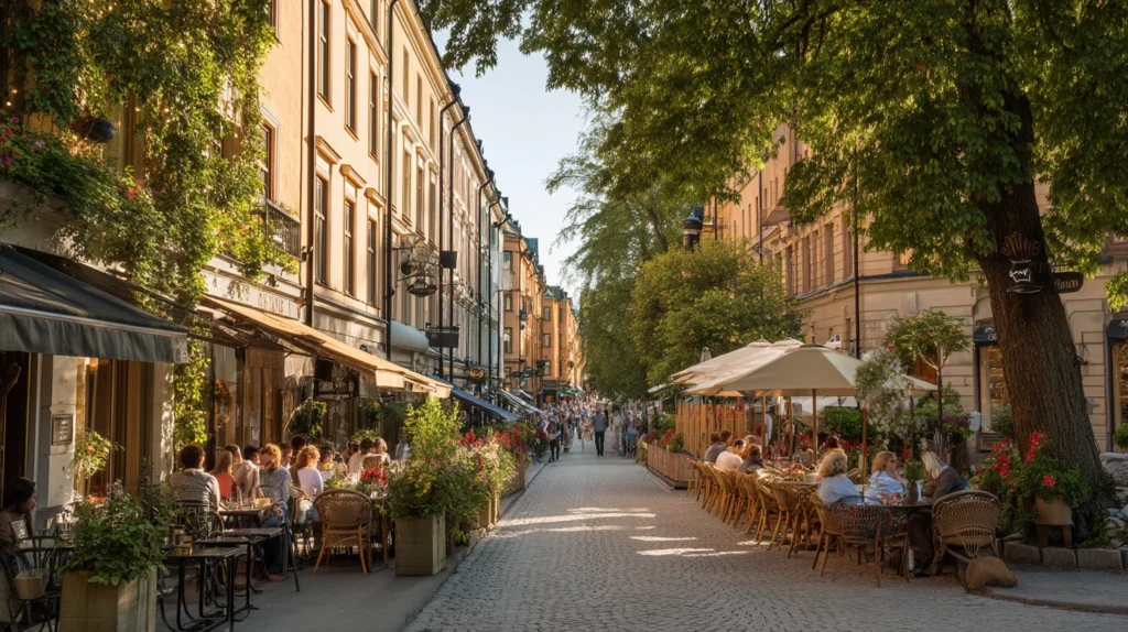 Kvällsljus över Nybrogatan med uteserveringar och promenadstråk på Östermalm.