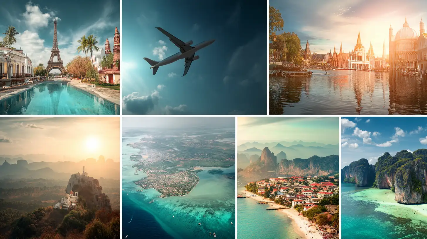 Resmål i Europa och Asien – vy över hav, öar och flygplan i solsken.