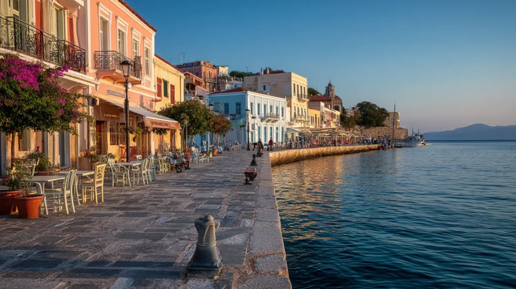 resor Grekland â hotell vid strandpromenad i kvĂ€llsljus