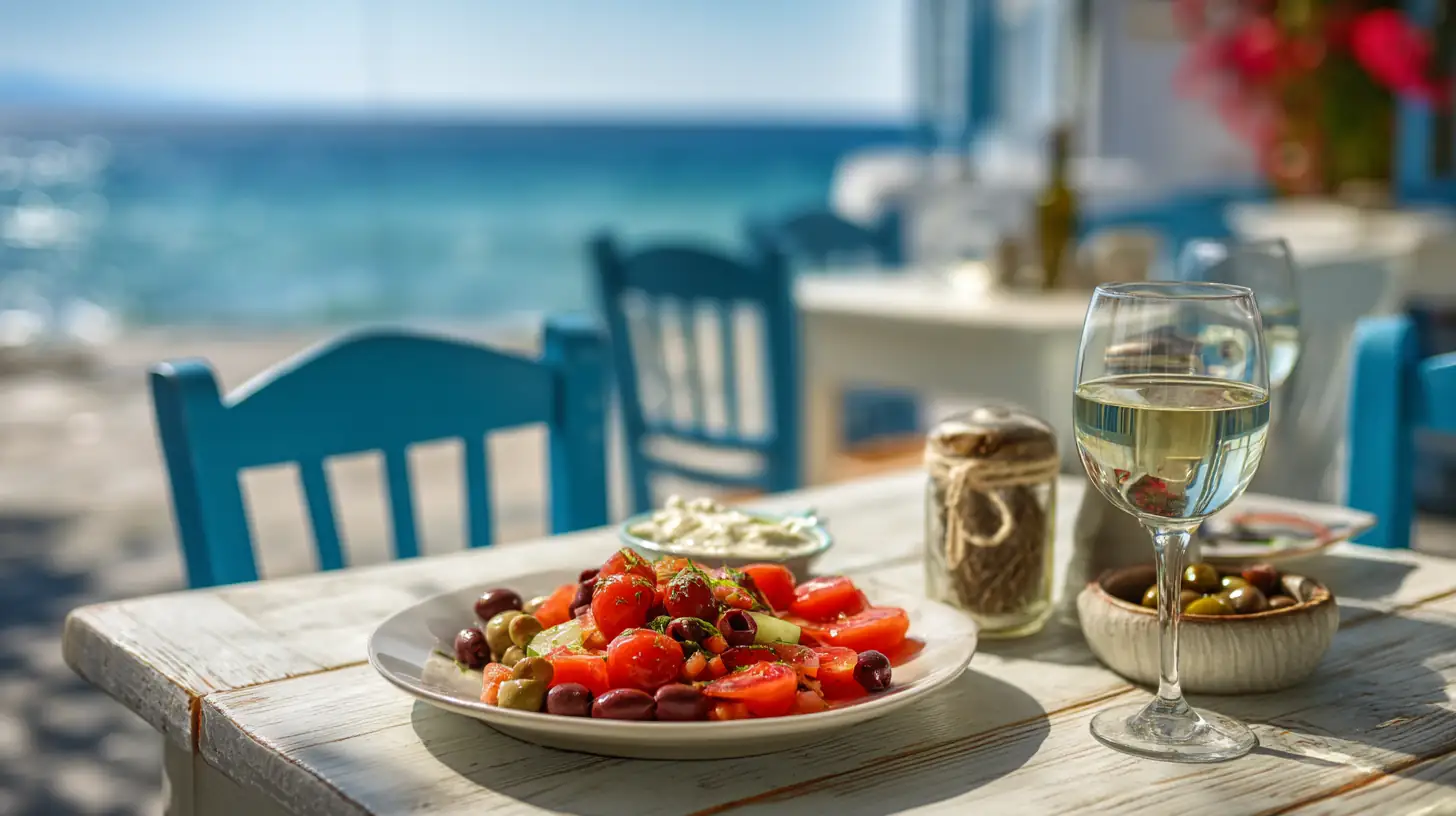 resor Grekland â grekisk sallad pĂ„ uteservering vid havet