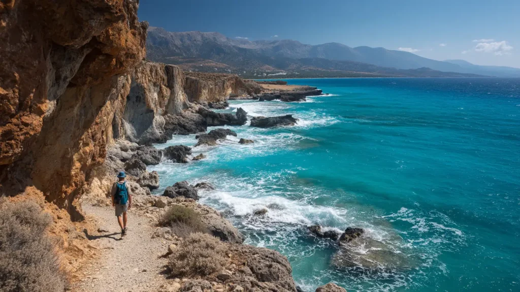 resor Grekland â vandring lĂ€ngs kusten pĂ„ Kreta med turkost hav