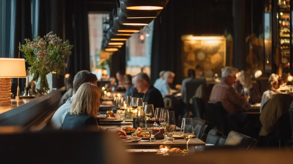 Modern restaurangmiljö i Stockholm med gäster som äter middag