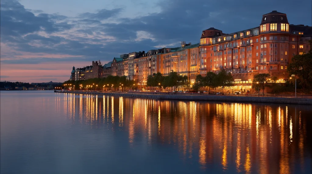 Sheraton Hotell Stockholm i kvällsljus vid Riddarfjärden