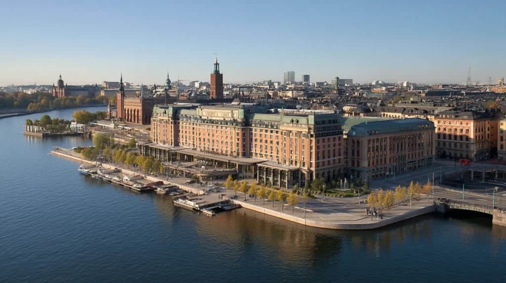 Flygvy över Sheraton Hotell Stockholm med Stadshuset i bakgrunden
