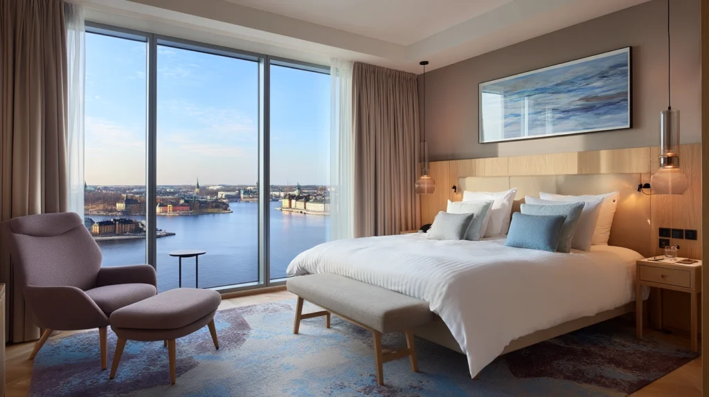 Modernt hotellrum på Sheraton Hotell Stockholm med utsikt över vattnet