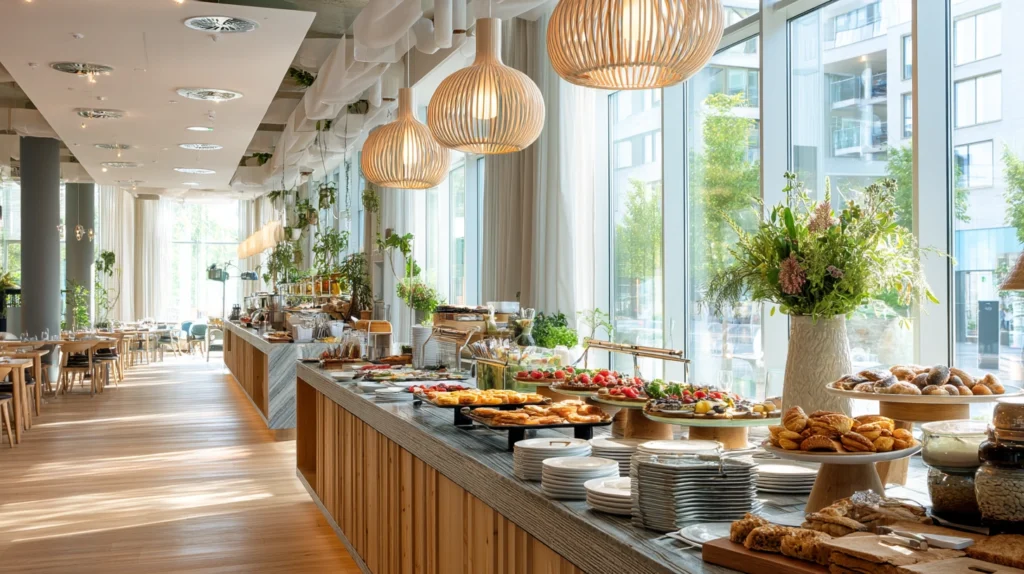 Restaurang med frukostbuffé på ett centralt hotell i Stockholm