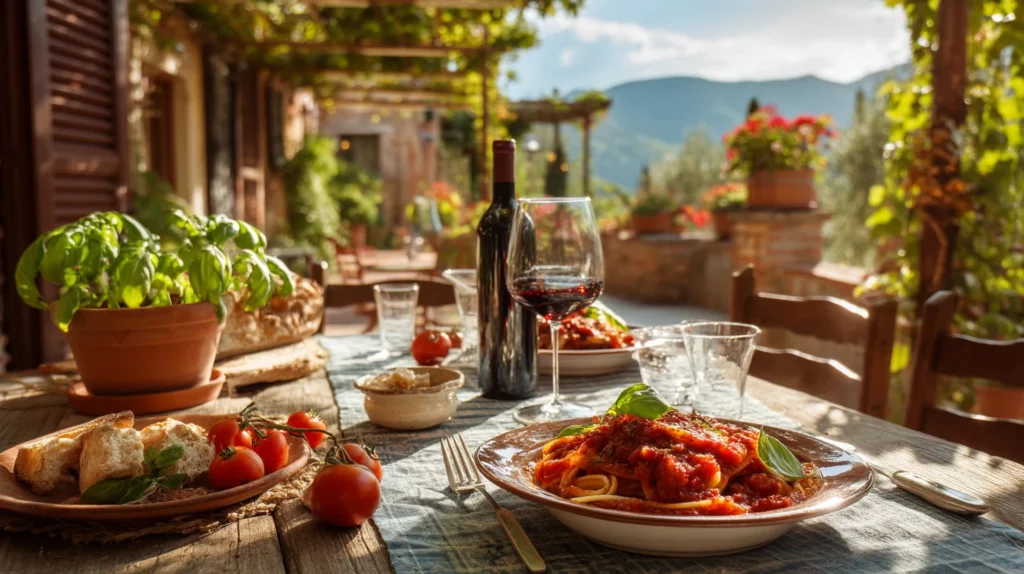 Siciliansk pasta alla norma serverad på terrass i solsken.
