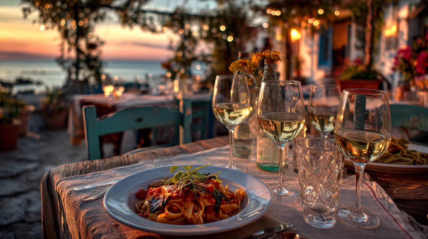 Siciliansk pasta och vin vid havet i solnedgång.