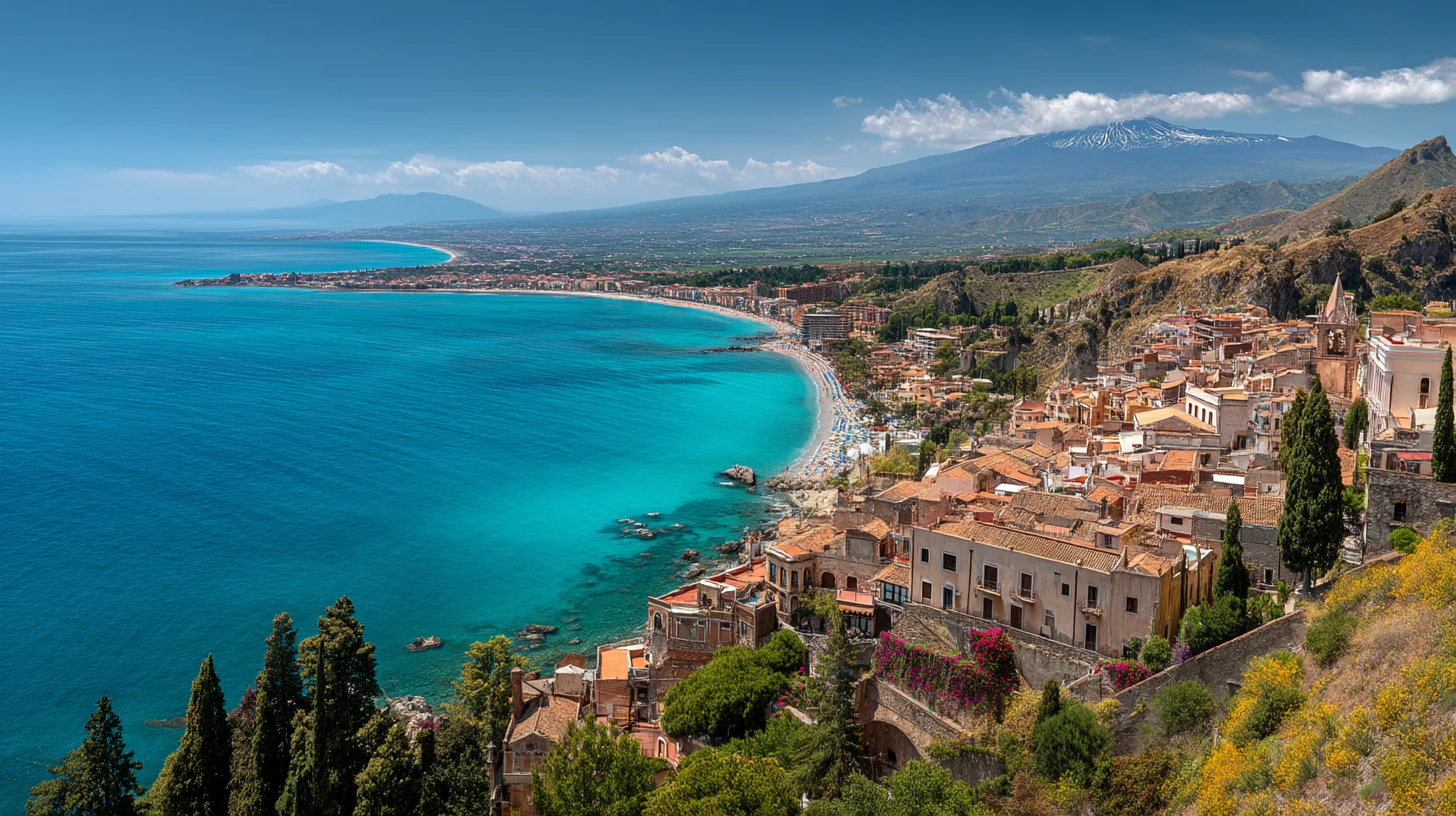 Panoramavy över Taormina och havet under en solig Sicilien resa.