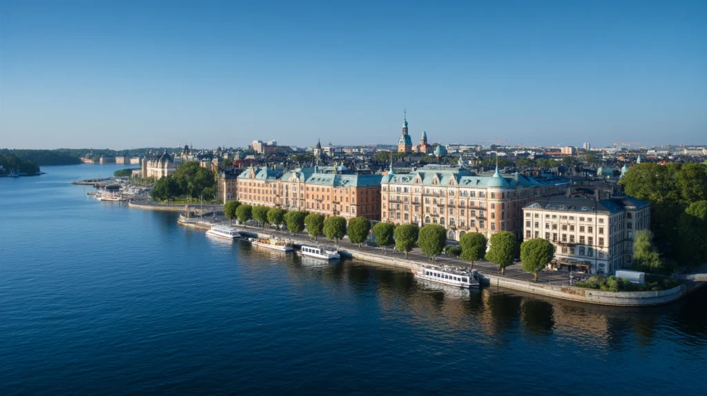 Flygbild över Stockholm med spa-hotell vid vattnet
